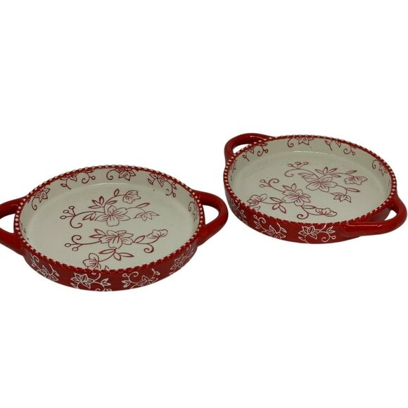 Temp-tations by Tara Red Floral Lace Round Baking Dish Set of 2 Vintage Ramekins - Picture 1 of 9
